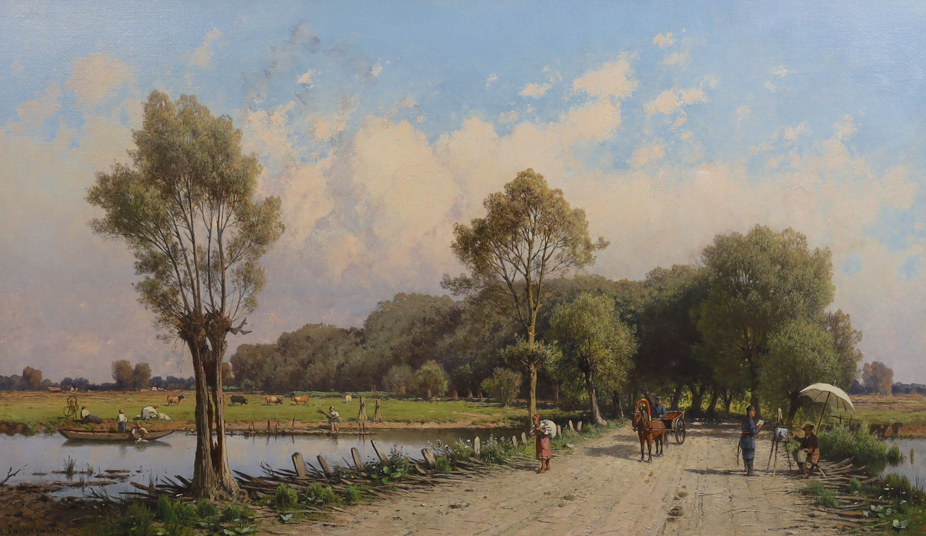 Aleksander Swieszewski (Polish, 1839-1895), Water meadows in Poland, a wooded landscape with a river, an artist sketching to the right, oil on canvas, 51 x 87cm